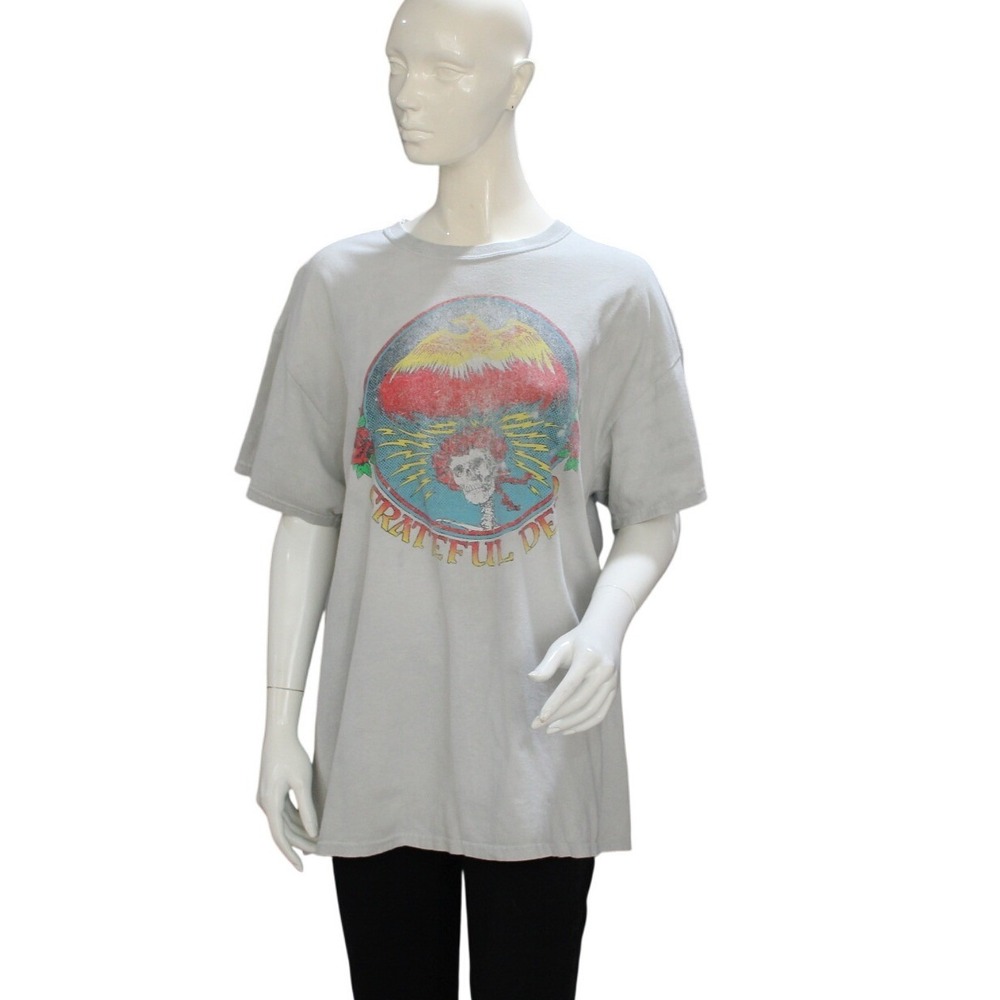 Grateful Dead Liquid Blue Graphic T Shirt Skull Roses Gray Size O/S